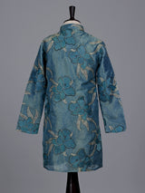 Stone blue boys silk kurta suit with floral thread detailing