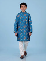 Blue boys raw silk kurta suit with sophisticated printed detailing