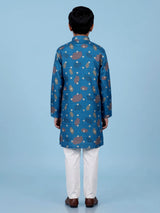 Blue boys raw silk kurta suit with sophisticated printed detailing