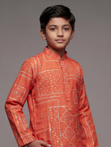 Orange boys raw silk kurta suit with traditional bandhani print