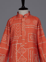 Orange boys raw silk kurta suit with traditional bandhani print