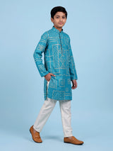 Aqua blue boys raw silk kurta suit with bandhani print