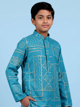 Aqua blue boys raw silk kurta suit with bandhani print