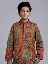 Multicolor boys Tussar silk kurta suit with thread work and sequins