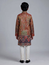 Multicolor boys Tussar silk kurta suit with thread work and sequins