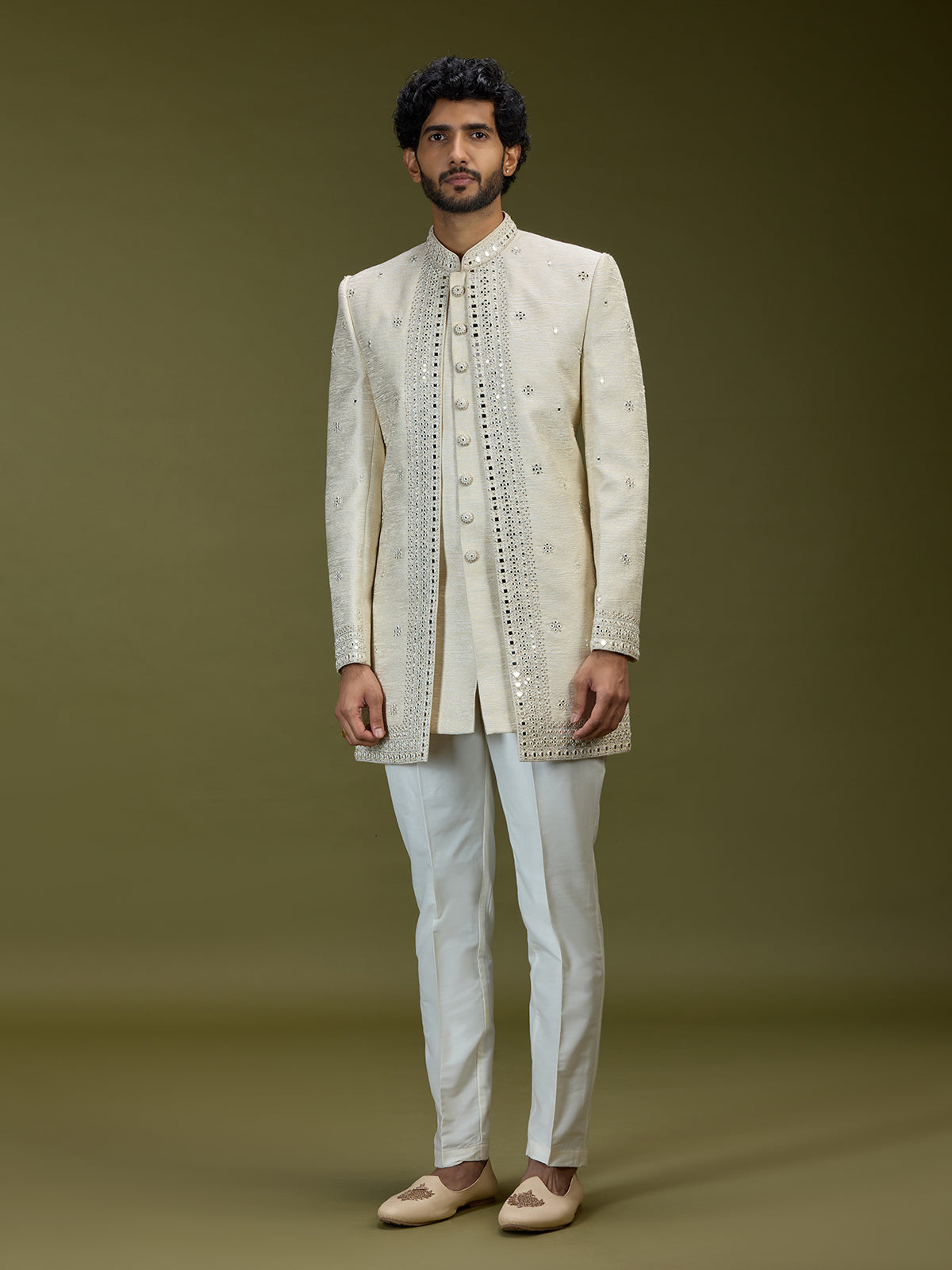 Cream exquisite jacquard men designer jacket indo western