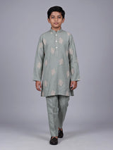 Pista green boys cotton linen kurta suit with thread work