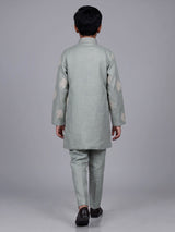Pista green boys cotton linen kurta suit with thread work