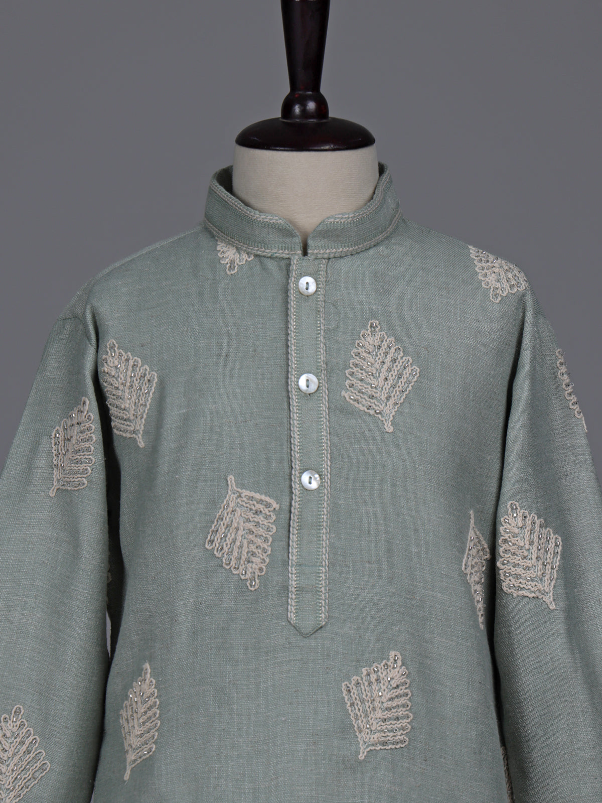 Pista green boys cotton linen kurta suit with thread work