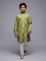 Pista green boys Patola kurta suit with elegant printed detailing