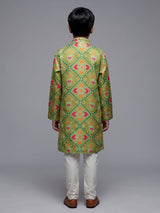 Pista green boys Patola kurta suit with elegant printed detailing