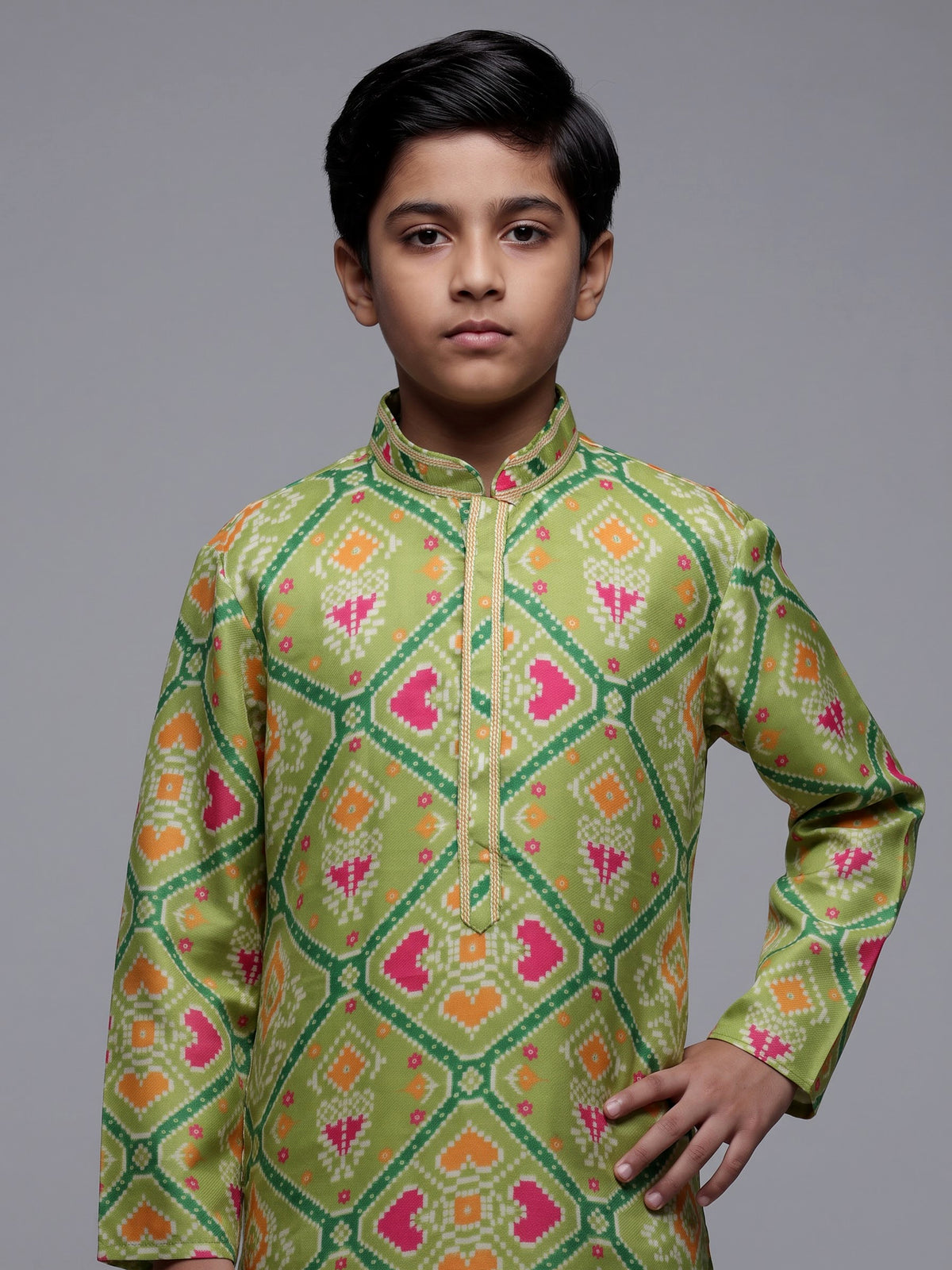 Pista green boys Patola kurta suit with elegant printed detailing