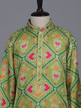 Pista green boys Patola kurta suit with elegant printed detailing