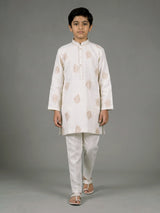 Cream boys cotton linen kurta suit with thread and cutdana