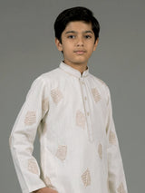 Cream boys cotton linen kurta suit with thread and cutdana