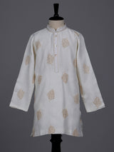 Cream boys cotton linen kurta suit with thread and cutdana