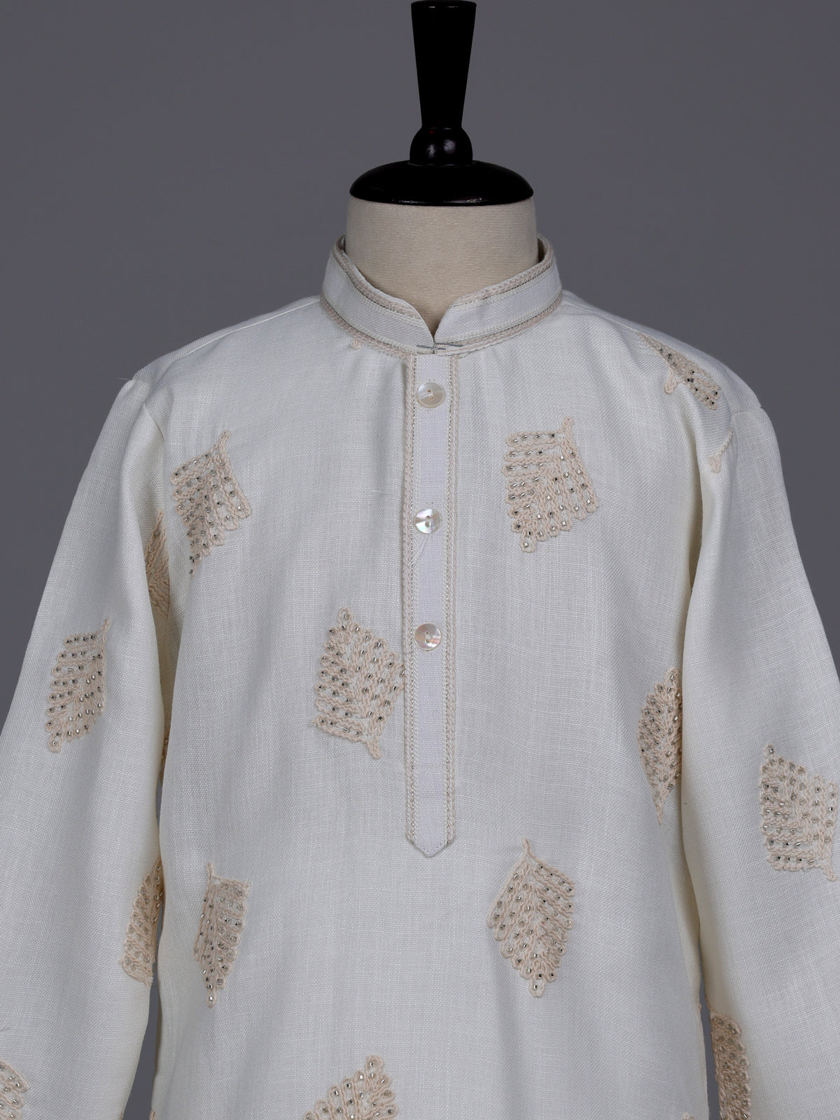 Cream boys cotton linen kurta suit with thread and cutdana