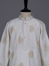 Cream boys cotton linen kurta suit with thread and cutdana