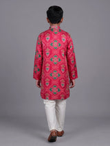 Rani pink boys Patola kurta suit with traditional printed design