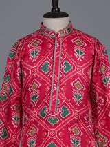 Rani pink boys Patola kurta suit with traditional printed design