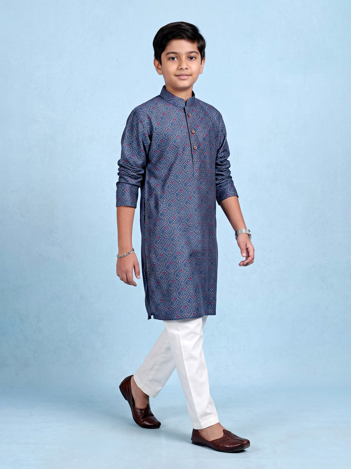 Navy boys cotton silk kurta suit with stylish printed pattern