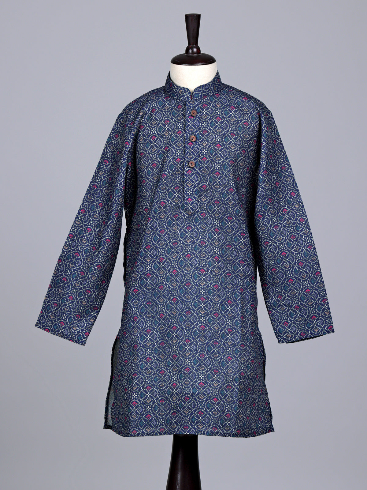 Navy boys cotton silk kurta suit with stylish printed pattern