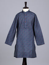 Navy boys cotton silk kurta suit with stylish printed pattern