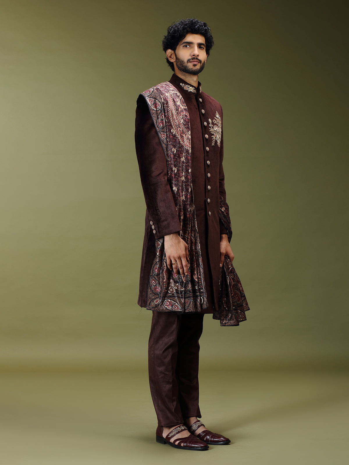 Pastel brown regal velvet silk men indo western with dupatta