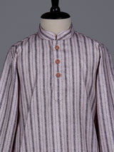 Fawn beige boys cotton blend kurta suit with stripe weaving