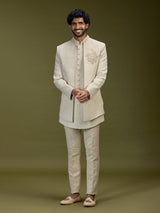 Cream luxurious jute men designer jacket indo western