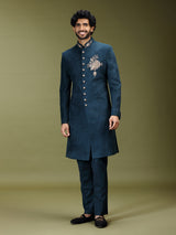 Deep navy royal velvet silk men indo western