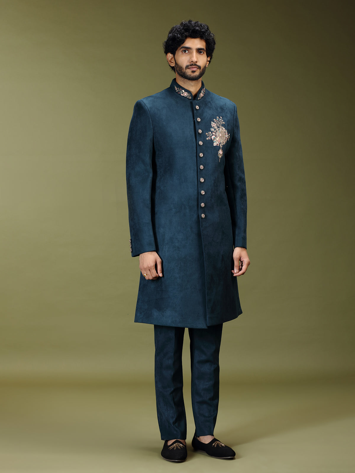 Deep navy royal velvet silk men indo western
