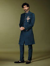 Deep navy royal velvet silk men indo western
