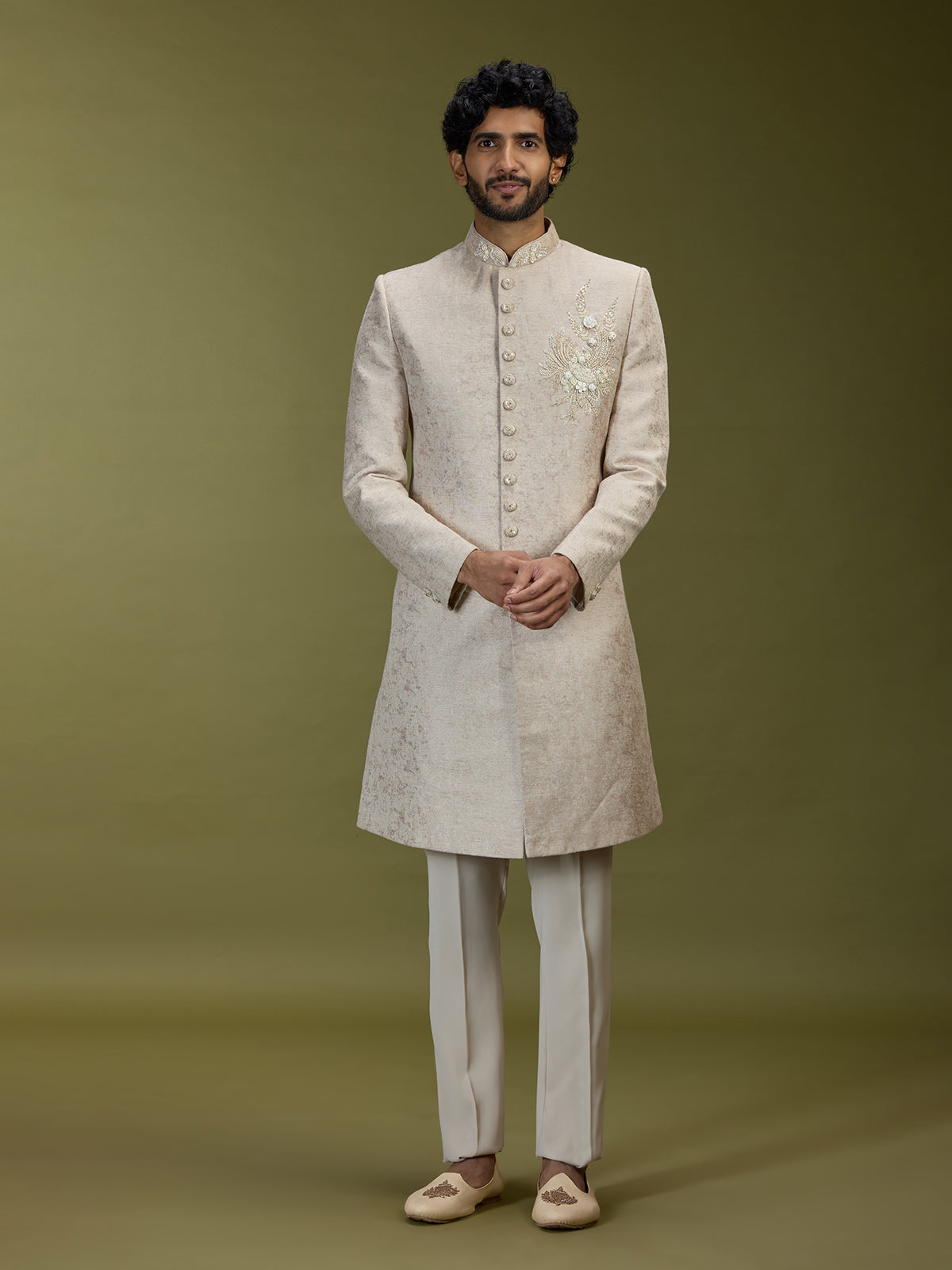 Cream opulent jacquard silk men indo western