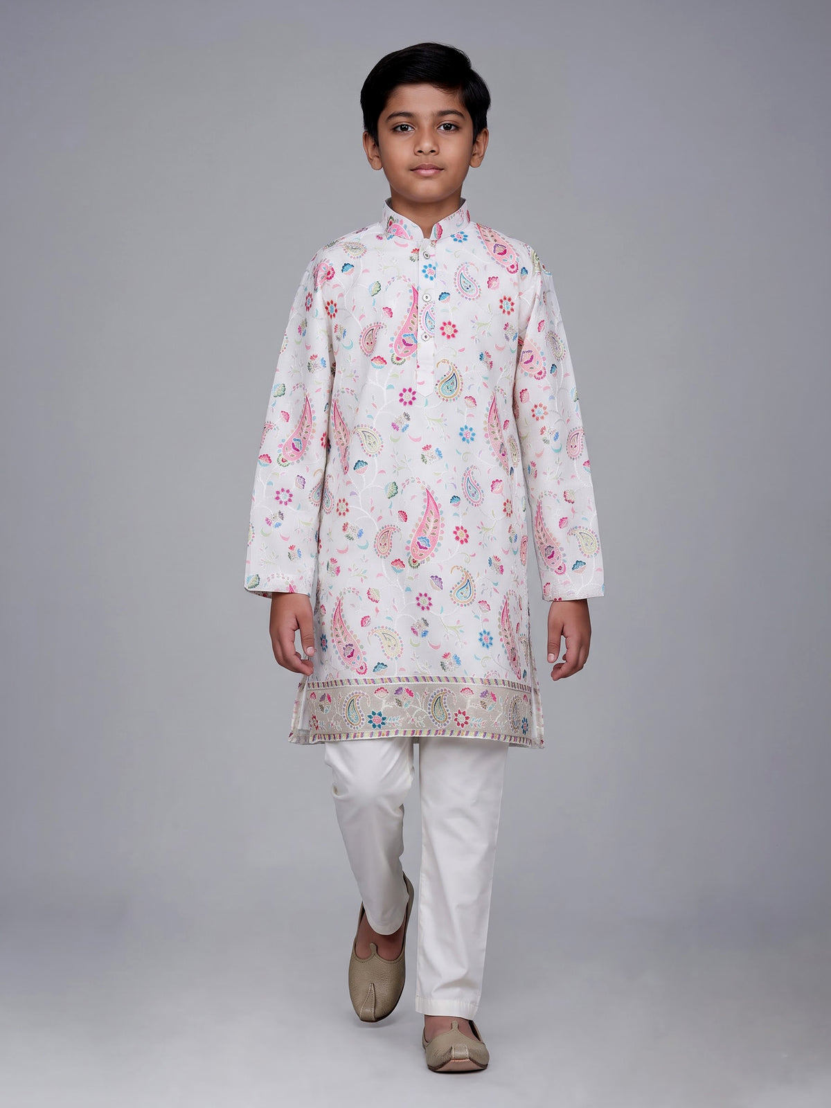 Cream boys cotton linen kurta suit with floral thread detailing