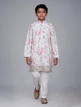 Cream boys cotton linen kurta suit with floral thread detailing