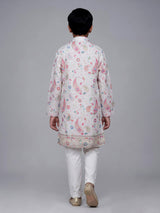 Cream boys cotton linen kurta suit with floral thread detailing