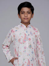 Cream boys cotton linen kurta suit with floral thread detailing