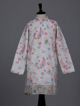 Cream boys cotton linen kurta suit with floral thread detailing