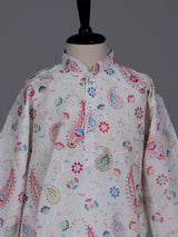 Cream boys cotton linen kurta suit with floral thread detailing