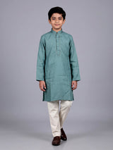 Green boys cotton linen kurta suit with refined solid pattern