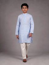 Mint blue boys cotton linen kurta suit with solid pattern