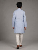 Mint blue boys cotton linen kurta suit with solid pattern