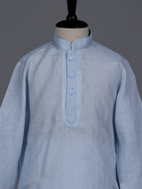 Mint blue boys cotton linen kurta suit with solid pattern