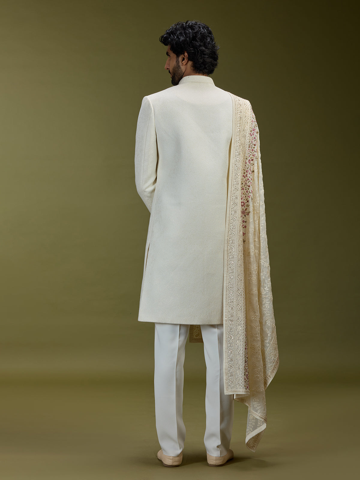 Off white elegant cotton silk men indo western with dupatta