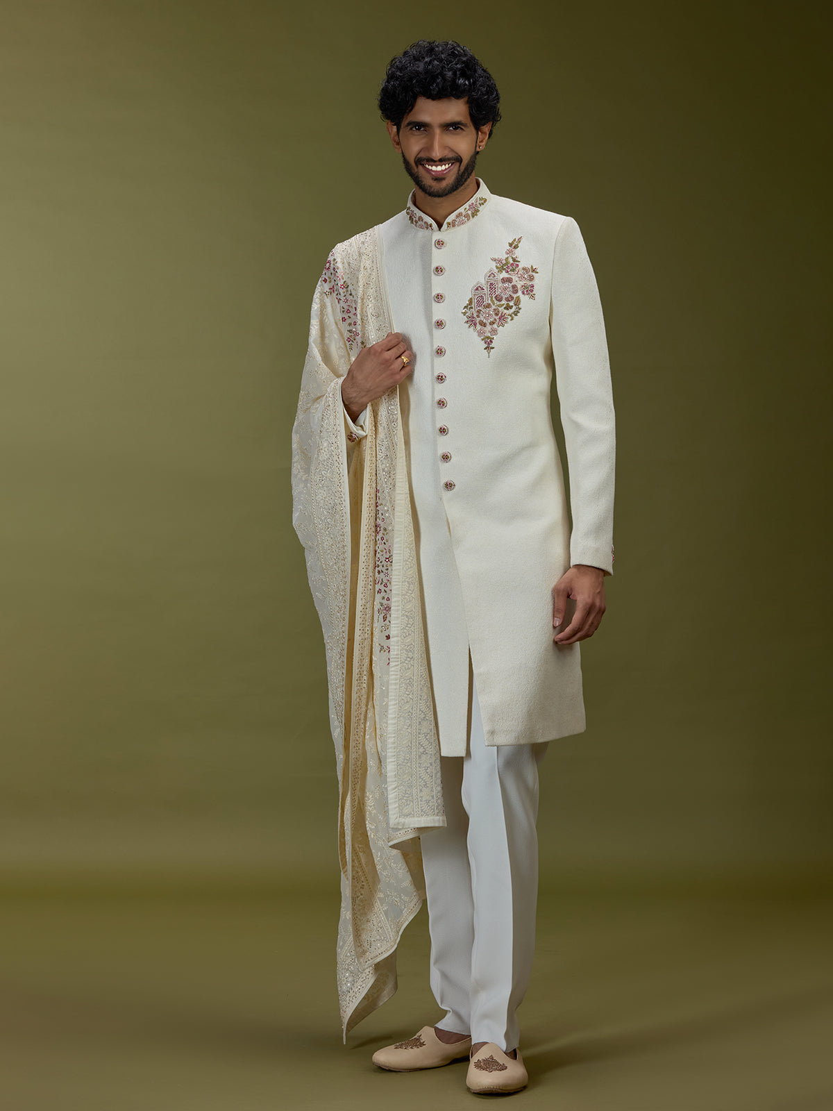 Off white elegant cotton silk men indo western with dupatta