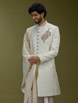 Off white elegant cotton silk men indo western with dupatta