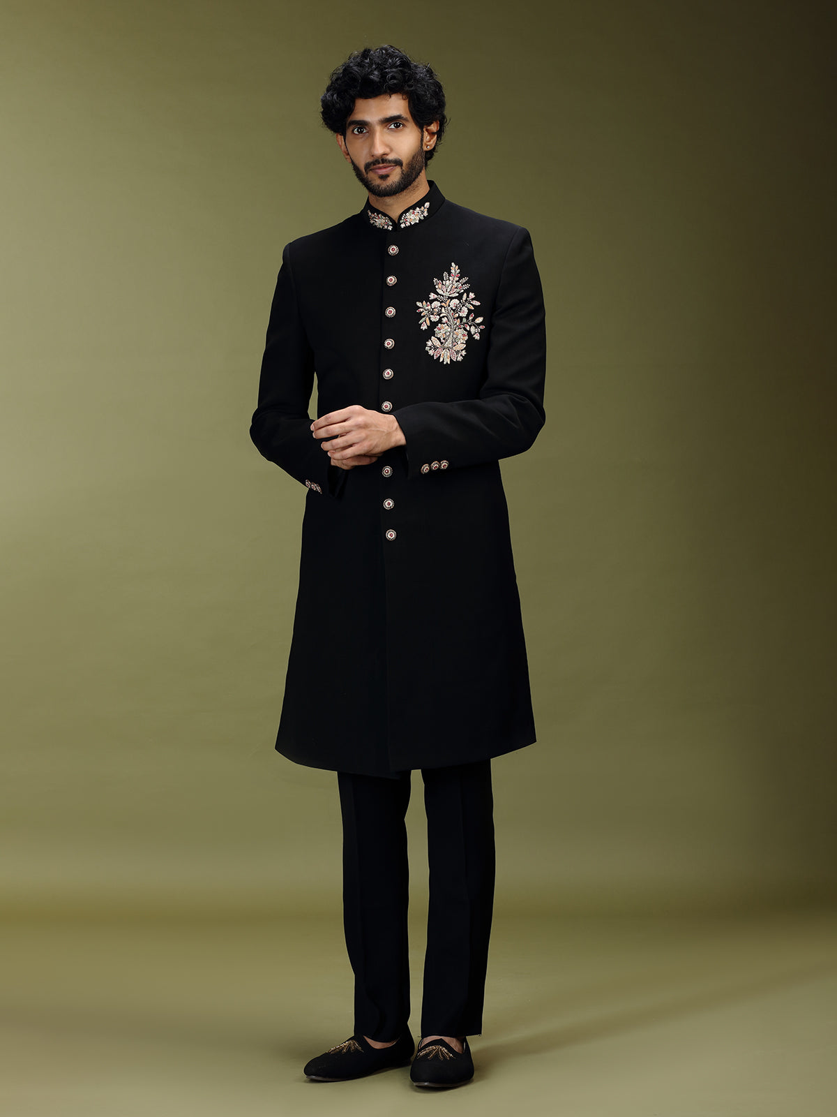 Black exquisite polyester viscose men indo western