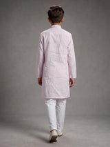 Light pink boys cotton linen kurta suit with solid pattern