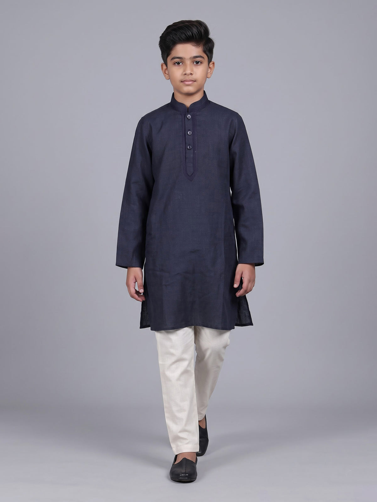 Navy blue boys cotton linen kurta suit with solid pattern